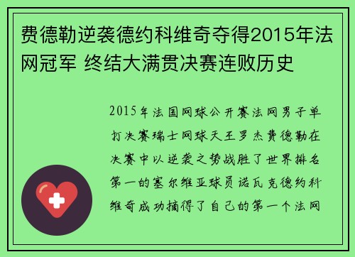 费德勒逆袭德约科维奇夺得2015年法网冠军 终结大满贯决赛连败历史 费德勒逆袭德约科维奇夺得2015年法网冠军 终结大满贯决赛连败历史