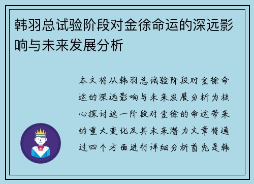 韩羽总试验阶段对金徐命运的深远影响与未来发展分析 韩羽总试验阶段对金徐命运的深远影响与未来发展分析
